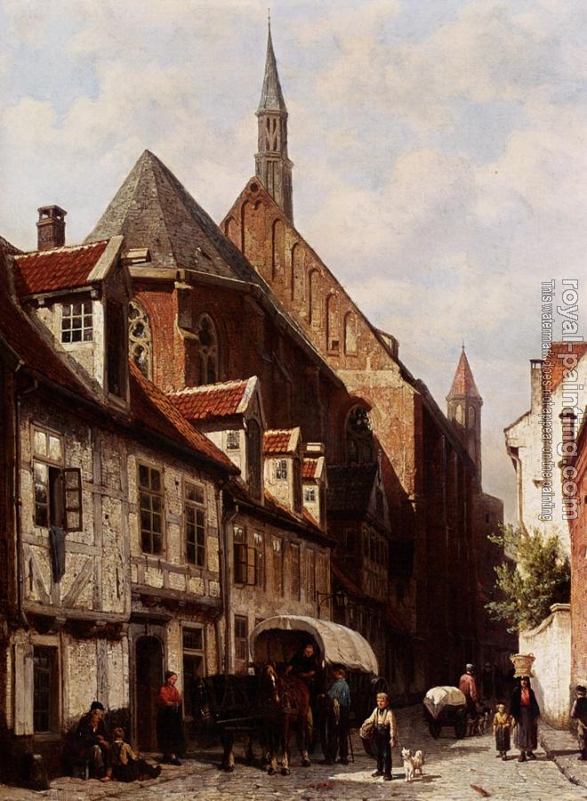Cornelis Springer : A Busy Street In Bremen With The Saint Johann Church In The Background